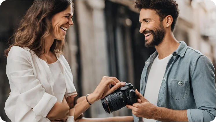 A woman laughing and conversing with a photographer holding a camera